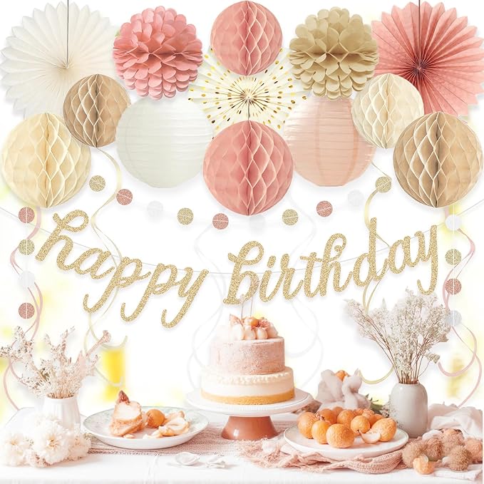 Boho Pink Happy Birthday Decorations for Women Girls, Pre-Strung, 24pcs | Happy Birthday Banner, Honeycomb Ball, Paper Flowers, Lanterns, Fans, Streamers, Dots Garland for Birthday Party Decorations