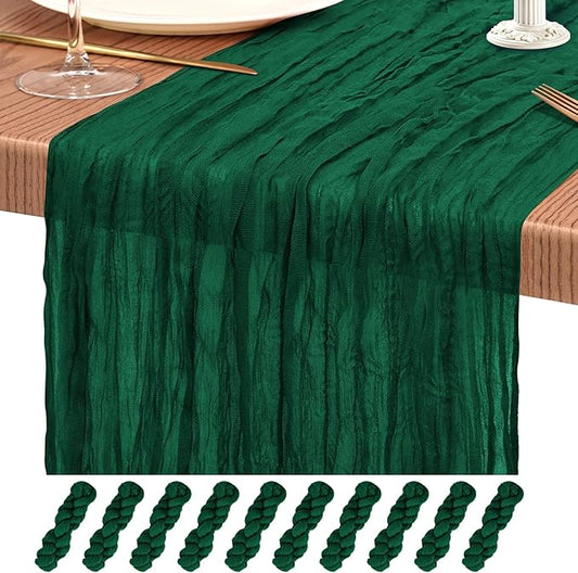 10 Pack Emerald Green Cheesecloth Table Runner 10FT Boho Gauze Cheese Cloth Table Runners Romantic Rustic Sheer Table Decorations for Wedding Party Baby Shower Birthday Holiday Home