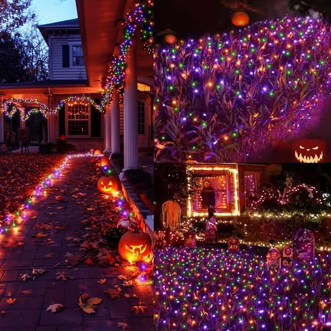 LAMPHOME 66ft Halloween Decorative Mini Lights, 200 LED Transparent Wire Fairy Starry String Lights Plug in, 16 Lighting Modes for Halloween Outdoor Party Decoration (Orange/Purple/Green)