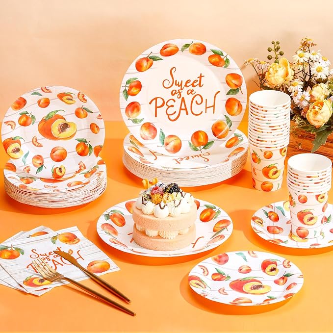 Domensi 250 Pcs Sweet As A Peach Baby Shower Party Decorations for Girls Disposable Paper Plates Napkins Cups Tableware Set for 50 Guests Peach Bride Shower Supplies for Weeding Birthday Party