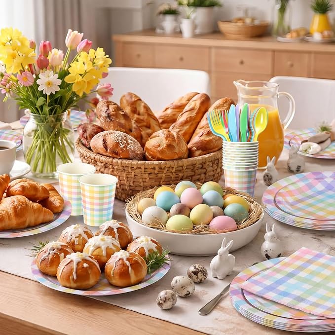 Funnymoom 400 Pcs Pastel Gingham Party Supplies for 50 Guests Pastel Pink Blue Yellow Checked Paper Plates and Napkins Cups Disposable Dinner Parties Set Cutlery for Holiday Spring Party Favor