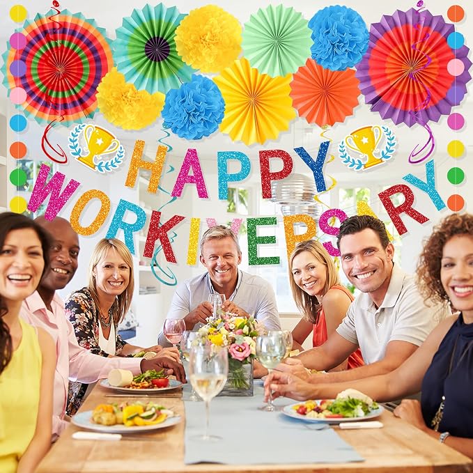 Roetyce Work Anniversary Party Decorations Women Men, Colorful Happy Workiversary Banner Paper Fans, Happy Work Anniversary Photo Backdrop Background for Employee Coworker Office Party Supplies