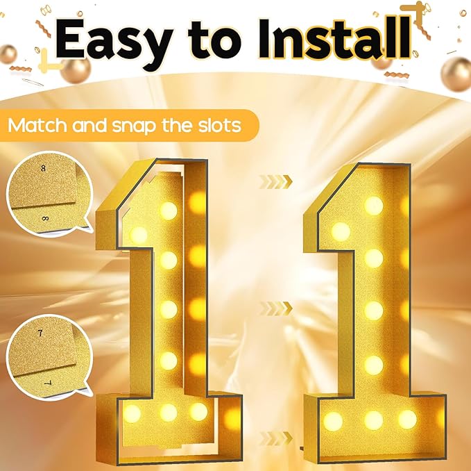Light Up Number 1, Marquee Light Up Numbers Gold 4FT, Large Led Numbers Lights for First 1st 21st Birthday, 4 Feet Tall DIY Frame Pre-Cut Foam Board Kit for Night Light Party Anniversary Decorations