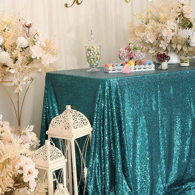 Juya Delight 60" x 102" Teal Sequin Rectangle Tablecloth for Wedding Birthday Party Festival Ceremony Cake Dessert Table
