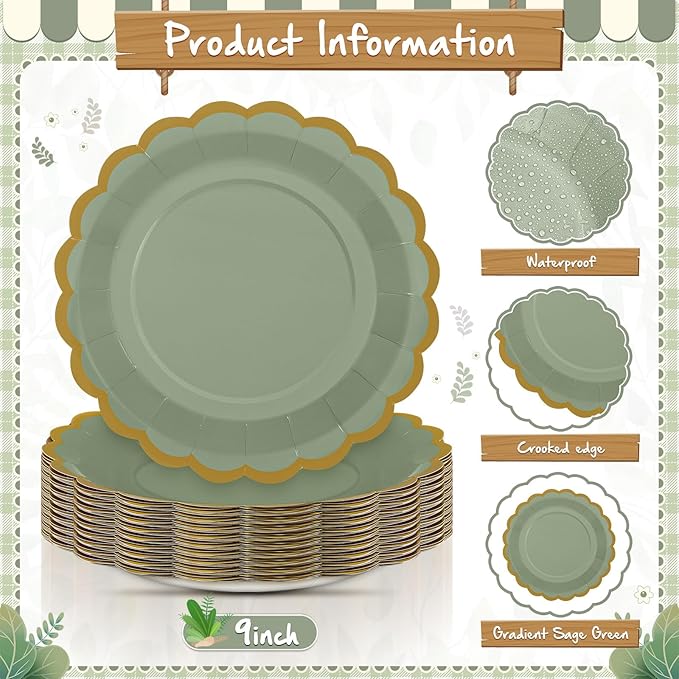 48 Pcs Sage Green Paper Plates 9 Inch Gradient Scalloped Paper Disposable Dinner Dessert Plates for Birthday Wedding Bridal Party Supplies, 6 Colors