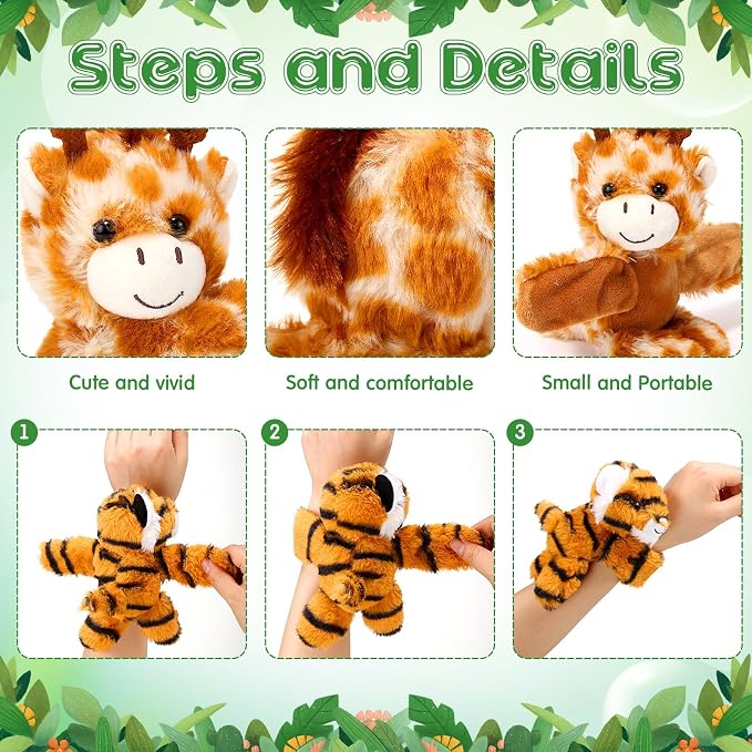Gemscream 6 Pcs Stuffed Animal Slap Bracelets for Kids, 8 Inch Back to School Small Classroom Prizes Toy, Wrist Snap Bracelets Birthday Gifts for Boys Girls Pet Adoption Party Favors(Wild Animals)