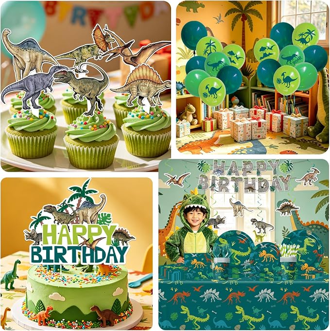 Dinosaur Birthday Decorations, 197Pcs Dinosaur Party Decorations Tableware Set Include Dinosaur Plates,Napkins,Cups,Balloon,Banner,Hanging Swirl,Cake Toppers,Tablecloth for Boy Dino Birthday Supplies