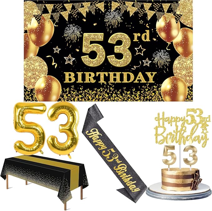 53rd Birthday Decorations Men Women with 53rd Birthday Banner, Black and Gold Table Cloth, Number Balloons, Large Sash, Cake Topper and Candles