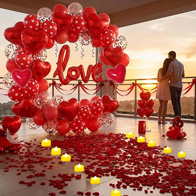 Valentine’s Day Decorations Set – Red Heart Balloon Kit with LOVE Foil, LED Candle Lights & Rose Petals, Romantic Room Decor for Proposal, Bedroom or Hotel