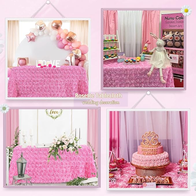 B-COOL Pink Rosette Tablecloth 90x132 Inch Rectangular Pink Satin Table Covers 3D Floral Tablecloths Boho Wedding Girls Party Birthday Table Decoration