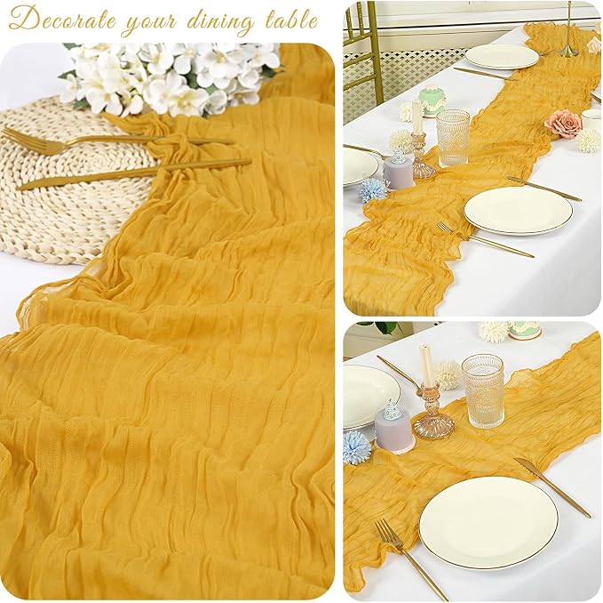 20 Pack Cheesecloth Table Runner 17 x 108 inch Long Boho Gauze Table Runners Semi Sheer Table Runner for Wedding Decor, Baby Shower, Birthday Party, Banquet (Gold)