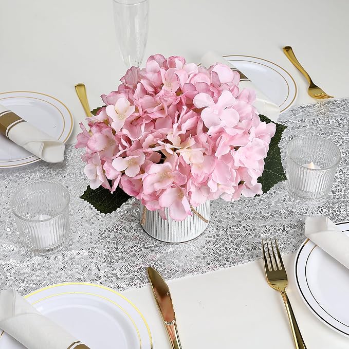 Flower Table Centerpieces - Set of 6 Floral Arrangement Artificial Wedding Hydrangeas Floral Arrangement with Rustic Metal Vase for Bridal Tea Party Event Decorations - Pink