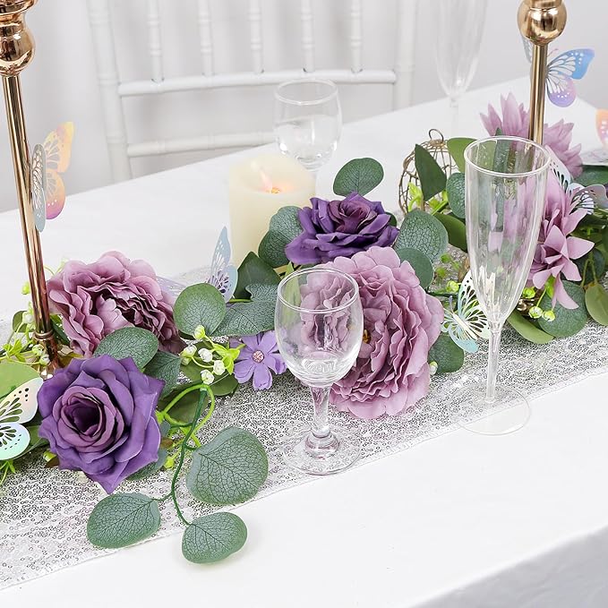 5.9 FT Artificial Eucalyptus Flower Garland with Butterflies - Pack of 1 Fake Rose Garland Faux Greenery Eucalyptus Garlands for Wedding Table Backdrop Arch Centerpieces Decorations - Purple
