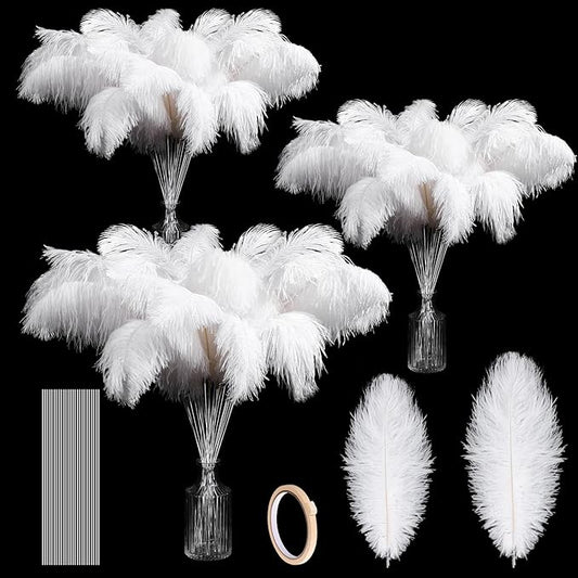 Tigeen 100 Set Ostrich Feathers Bulk 12-14 Inch,10-12 Inch 100 Natural Feathers for Vase with 100 Sticks and Tape Making Kit for DIY Wedding Floral Arrangement Party Centerpiece Decor(White)