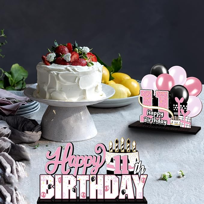 LINGTEER Happy 11th Birthday Pink Acrylic Table Topper Centerpieces Set - Cheers to 11 Years Old Birthday Eleven Bday Party Gift Decorations.
