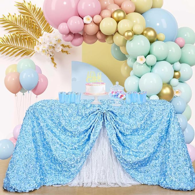 B-COOL Light Blue Rosette Tablecloth 3D Floral Satin Rectangle Table Overlay 60x102 Inch for Baby Shower Wedding Birthday Party Ceremony Floral Table Cloth