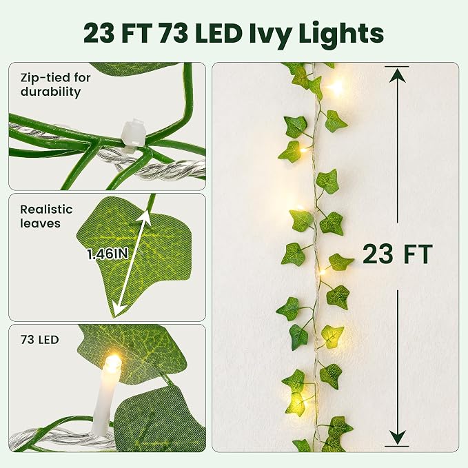 HEYFUNi Vines with Lights 23FT, Fake Ivy String Lights Plug in | 73 Warm White LEDs, Artificial Ivy Leaf Lights For Bedroom, Wall, Balcony, Wedding, Party, Dorm, Aesthetic Decor