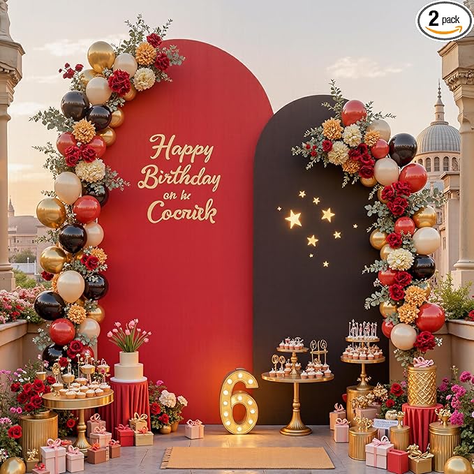 Black Red Arch Cover 2 Set-7.2 and 6ft Arch Backdrop Cover Spandex Wedding Arch Stand Covers for Birthday Party Baby Shower Retirement Graduation Banquet Halloween Photo Background Decorations
