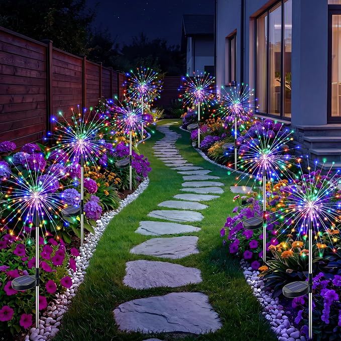 btfarm 8 Pack Solar Garden Lights Outdoor 8 Modes, 120 LED Firework Lights Solar Powered, Waterproof Twinkle Fairy Light Outside for Yard Pathway Lawn Pool Patio Christmas Decorative, Multicolor