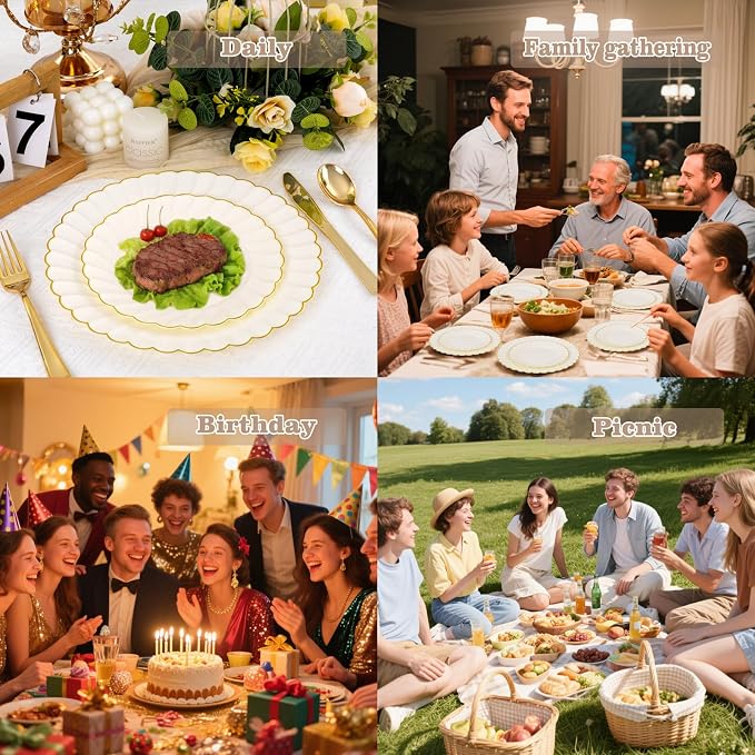 YOUBET 60PCS Ivory Scalloped Plastic Plates - Hard Craem and Gold Fancy Disposable Plates include 30 Gold Dinner Plate, 30 Dessert Plate for Wedding Party