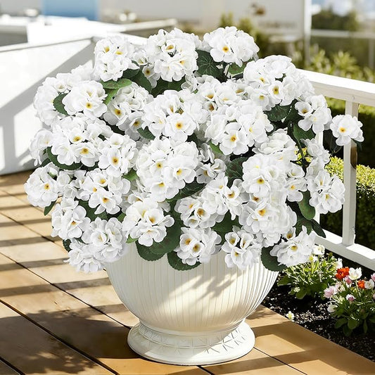 Ouddy Decor Artificial Geranium Flowers for Outdoors, Fake Silk Flowers UV Resistant Faux Geraniums for Vase Planter Garden Patio Balcony Porch Indoor Outdoor Spring Summer Home Decor, 6 Pcs White