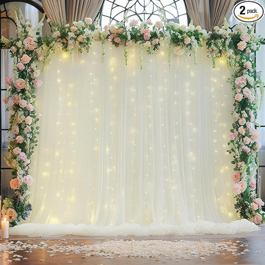 10×8ft Ivory Tulle Curtain Backdrop with Lights String for Parites, Sheer Backdrop Curtain Drapes for Wedding Photo Baby Shower Photography Birthday Party