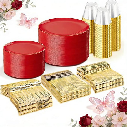 WDF 300Pcs Red Disposable Plates - Red Plastic Plates - 50guest Disposable Dinnerware Include 50 Dinner Plate, 50 Dessert Plate, 150 Cutlery & 50 9oz Cups for Wedding Baby Shower Spring Mother's Day