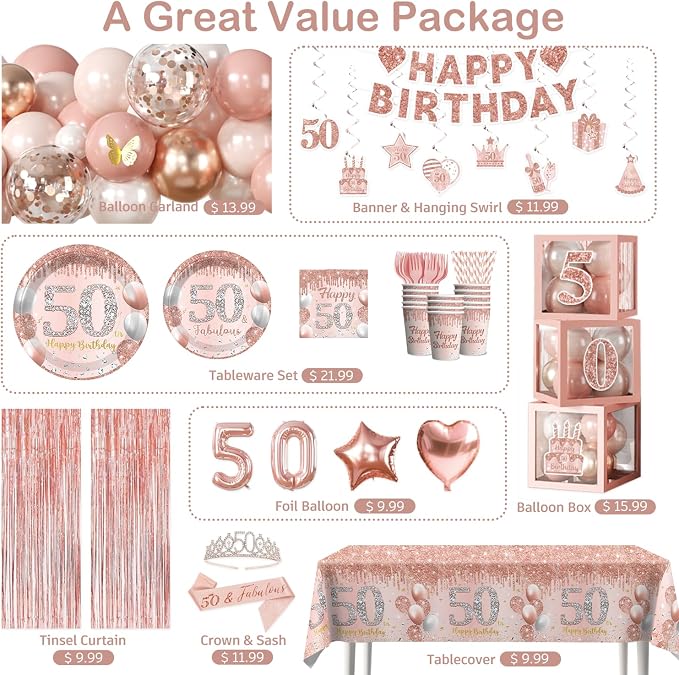 cocomigo 241pcs Rose Gold Happy 50th Birthday Decorations With Crown and Sash, Balloon, Rain Curtains, Plates and Napkins, Service 25 Guests, For Women's 50th Birthday Party