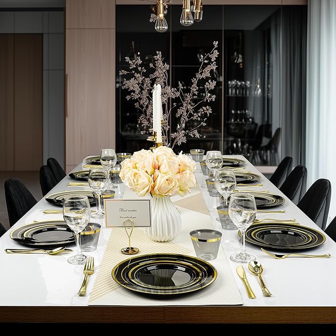 BESTVIP 700PCS Black Gold Plastic Dinnerware Set for 100 Guests, Disposable Plates for Party, Include: 200 Plastic Plates, 100 Pre Rolled Napkins with Gold Silverware, 100 Cups for Christmas