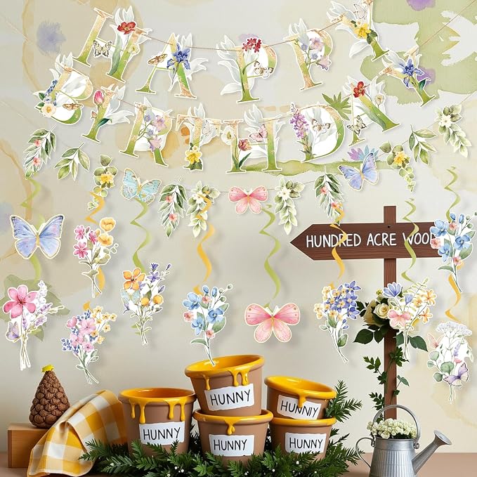 SUNBEAUTY Wildflowers Butterfly Birthday Decorations Garden Flower Happy Birthday Banner with Floral Hanging Swirls Wildflower Party Decorations for Women Girls Baby Shower Wedding Tea Party