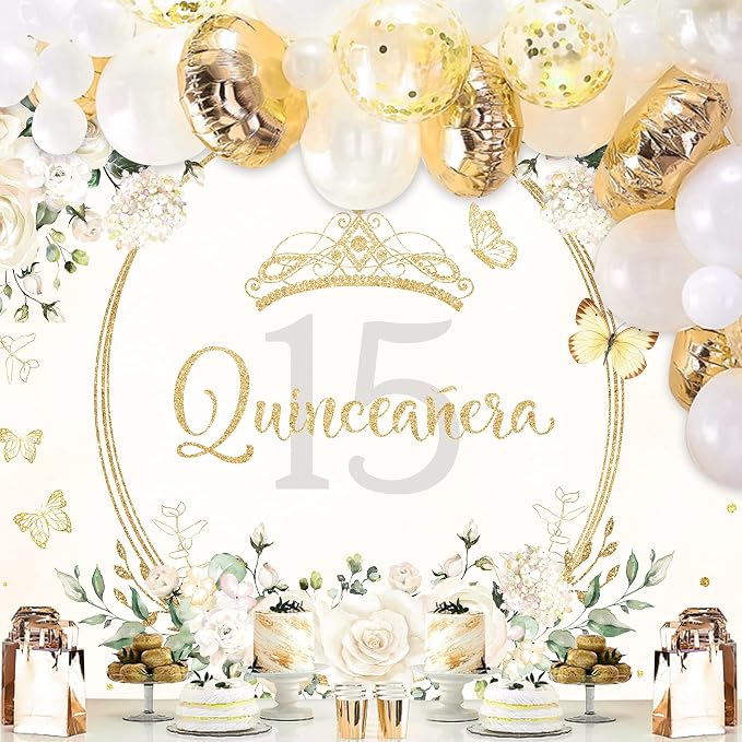 Quinceañera Backdrop 7Wx5H Feet Polyester Fabric Mis Quince 15 Anos Birthday Party Decorations Supplies for Girl Princess White Floral Gold Crown Butterfly Photography Background Props