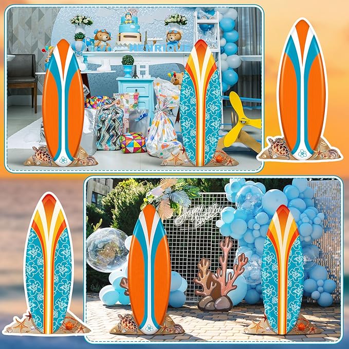 2 Pcs Summer Surfboard Prop Decoration 3.9 ft Large Surfboard Cardboard Cutout Life Size Beach Photo Booth Prop Tropical Outdoor Yard Sign for Surfing Swimming Hawaiian Luau Bar Supplies