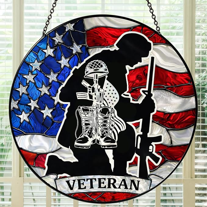 Army Veteran Stained Glass Suncatcher 6x6'', Veteran Day Gift, Army Retirement Gifts for Men, Military Retirement Gifts for Men, Keepsake Decor