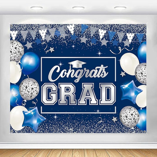 Graduation Backdrop 10x8ft Navy Blue and Silver Congrats Grad Banner Congratulations Class of 2026 Graduate Decorations Large Prom Party Background Picture Supplies for College High School