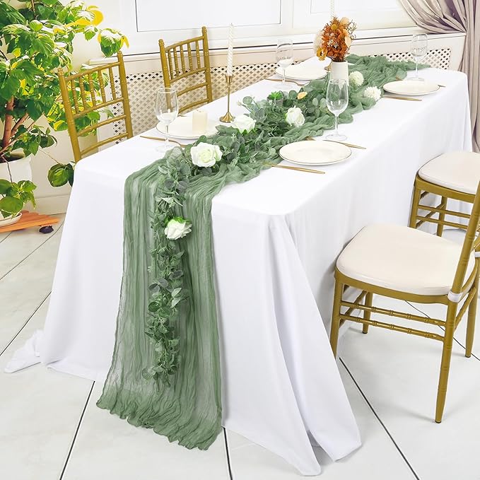 24 Pack Sage Green Cheesecloth Table Runner,Gauze Boho Long Cheese Cloth Table Runner 17x108 inch Rustic Table Runners for Wedding Party Bridal Shower Christmas Banquet Table Decorations