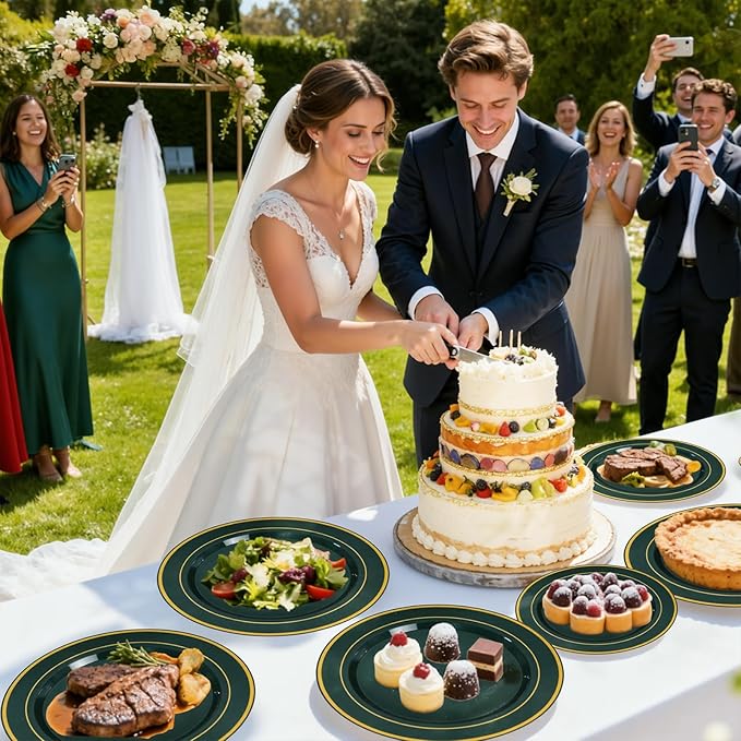 WDF Partyware 350PCS Green and Gold Plates - Green Plastic Plates 50Guests Plastic Plate with Rolled Napkins for Party/Birthday