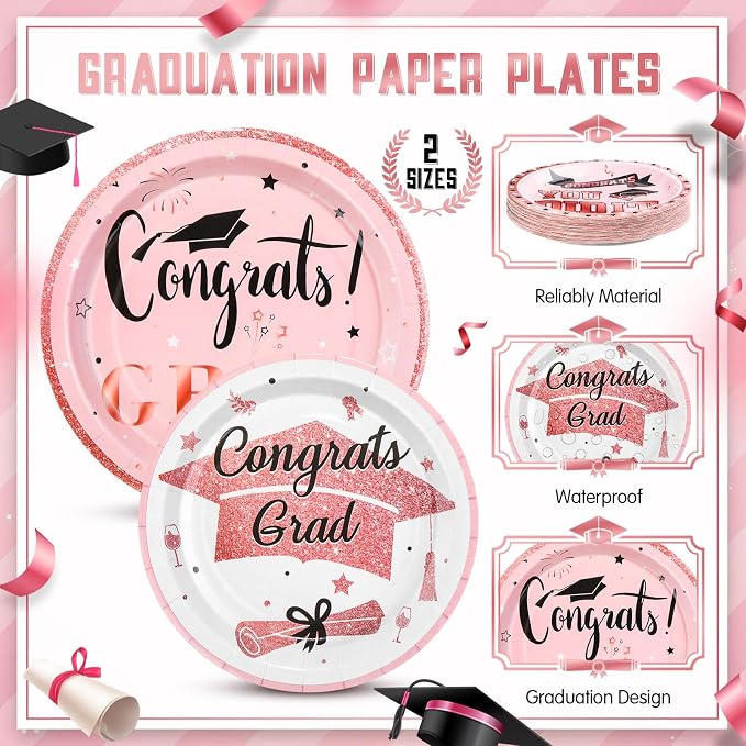 Domensi 400 Pcs 2026 Graduation Decorations Plates and Napkins and Cups Set Serve 50, Pink and Gold Graduation Party Supplies, Class of 2026 Paper Tableware 9oz Cup Knife Fork Spoon Congrats Grad