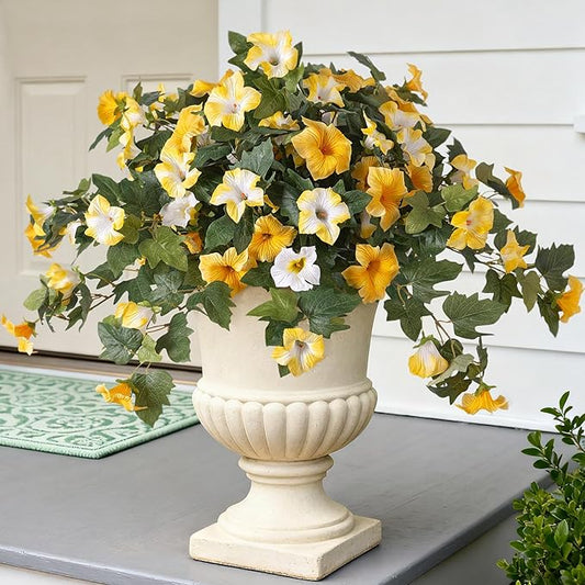 Ammyoo Artificial Fake Petunia Flowers for Outdoor Decoration, 2PCS Faux Silk Petunias Flower for Spring UV Resistant No Fade Realistic Plants for Garden Balcony Yard Porch Indoor Decor(Yellow White)