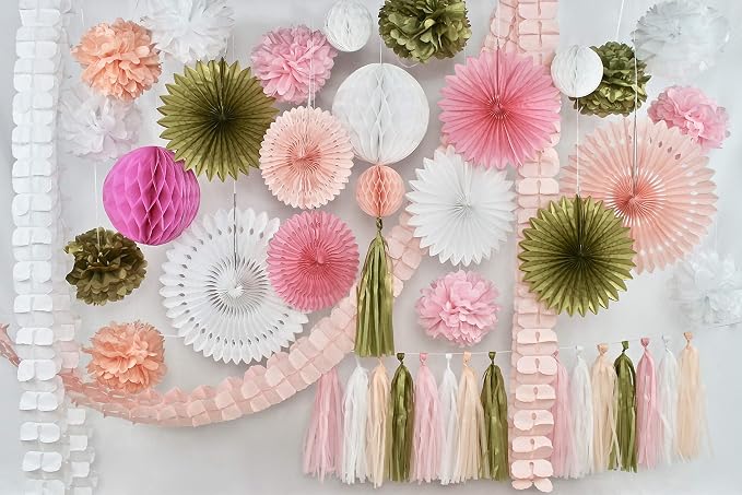 Eco Friendly Paper Party Decoration Set - 45 Pieces, Golden Blush - Plastic-Free FSC Sustainable Recyclable Reusable Pack