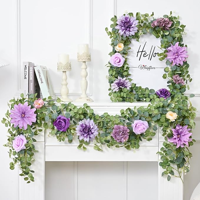 Waipfaru 2 Pcs Flower Garland, 6Ft Eucalyptus Garland with Flowers, Rose Floral Vines for Wedding Reception Table Mantle Room Spring Summer Decor (Purple)