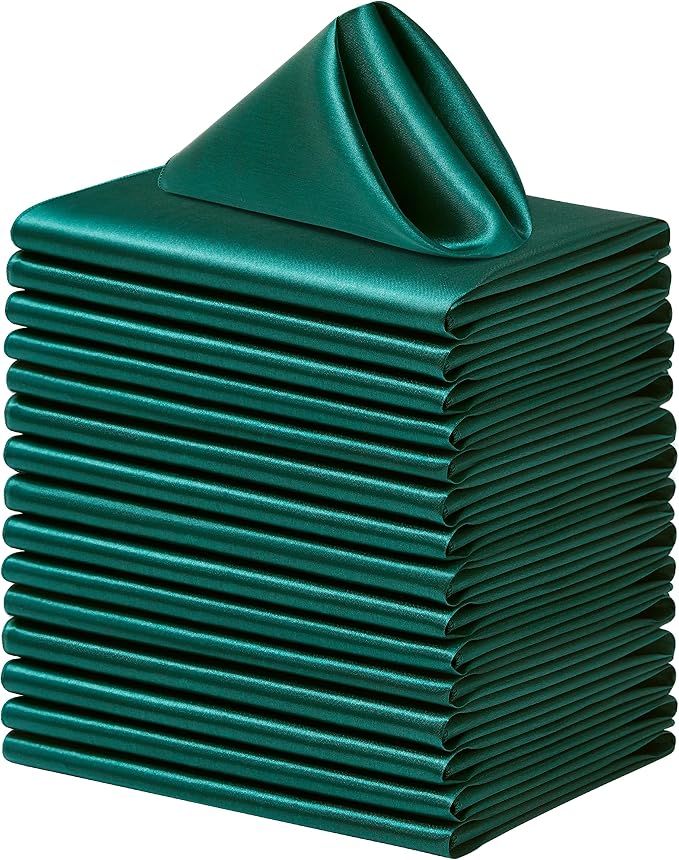 24 Pack Square Satin Dinner Napkins, 17x17 Inches Silky Soft Smooth Table Cloth Napkins for Restaurant Weddings Banquet Party Decoration, Blackish Green