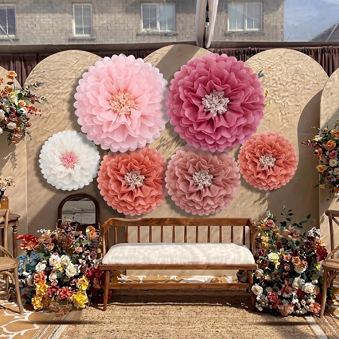 Giegxin 6 Pcs 40'', 31.4", 24" Boho Pink Giant Paper Flowers for Wall Decorations Pink White Big Jumbo Tissue Crepe Flowers Boho Party Decorations Floral for Wedding Baby Shower Classroom Backdrop