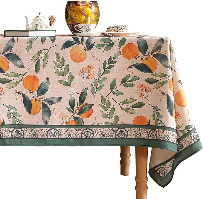 patdrea Designer French Linen Tablecloth,Rectangular,118"x67"-Palladin A | Elegant Extra Wide Table Cloth for Rectangle Table,Orange Floral Patterned,for Dining Room Tea Party Thanksgiving