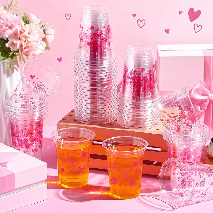 FoldTier 50 Pcs Mother's Day Cups 12 oz Thank You Mom Plastic Cups Clear Best Mom Disposable Cup Mother's Day Drinking Cup for Home Kitchen Mother's Day Party Favors Supplies Decoration (Mother's Day)