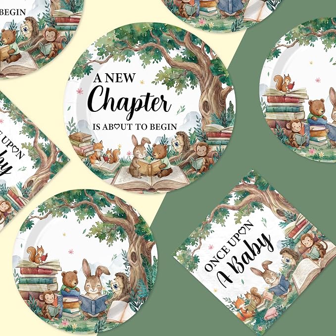 250Pcs Storybook Baby Shower Party Decorations A New Chapter is About to Begin Baby Shower Plates and Napkins Set for Storybook Forest Animal Theme Newborn Celebration Party Supplies Serve 50