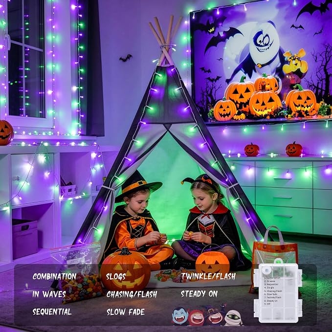 JMEXSUSS 33FT 100 LED Battery Operated Halloween Lights with Remote, Purple and Green Halloween Lights Indoor Outdoor, 8 Modes String Lights for Outside Yard Tree Front Porch Room House
