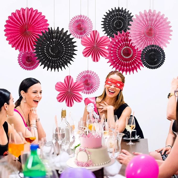 11PCS Hanging Paper Fans Decorations Pink Black Birthday Party Decorations for Girls Sweet 16 18 21st Birthday Bridal Shower Wedding Bachelorette Galentine's Party Decor Supplies