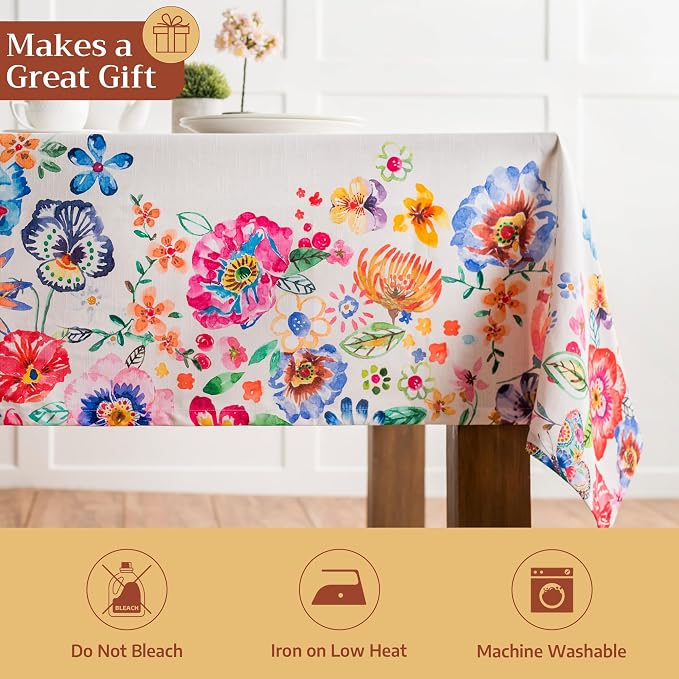 Maison d' Hermine Table Cloth Rectangle Table 100% Cotton 70 x 90 Inches Tablecloth Reusable Decorative for Dining Kitchen Room Party Home Hotel Restaurant Spring Summer - Happy Florals - High Summer