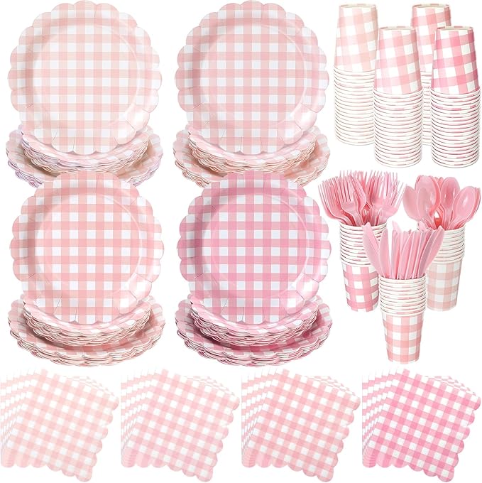 Yaomiao 168 Pcs Pink Gingham Plates and Napkins Pink Princess Party Decor Pastel Gingham Paper Plates Cups Napkin Plastic Knife Fork Spoon Serve 25 Guests Wedding Baby Shower Birthday Party Supplies