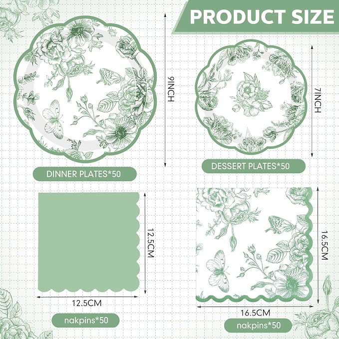 Funnymoom 200 Pcs Sage Green Floral Party Tableware Vintage Green White Floral Disposable Paper Dinner Dessert Plates Napkins for Birthday Wedding Garden Tea Party Bridal 50 Guests